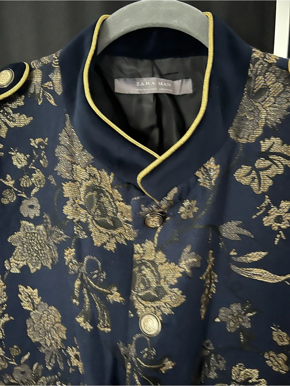 Zara Navy Blue Blazer with Gold Floral Brocade